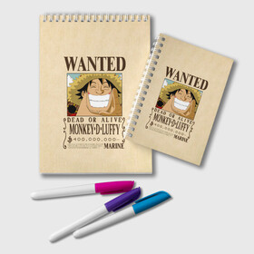 Блокнот с принтом WANTED Monkey D. Luffy в Курске, 100% бумага | 48 листов, плотность листов — 60 г/м2, плотность картонной обложки — 250 г/м2. Листы скреплены удобной пружинной спиралью. Цвет линий — светло-серый
 | Тематика изображения на принте: anime | manga | monkey d. luffy | one piece | аниме | большой куш | ван пис | вон пис | гол д. роджер | кайдо | король пиратов | луфи | луффи | манга | манки д. луффи | нами | нико робин | пират | портгас д. эйс | ророноа зоро