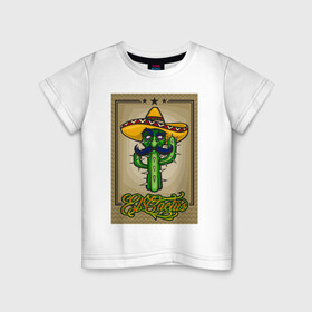 Детская футболка хлопок с принтом El Cactus - Кактус Мексиканец в Курске, 100% хлопок | круглый вырез горловины, полуприлегающий силуэт, длина до линии бедер | cactus | green | humour | mexico | mustache | sand | vegan | vegetable | vegetarian | арт | жара | кактус | комикс | лето | мексика | персонаж | пустыня | сомбреро | усы
