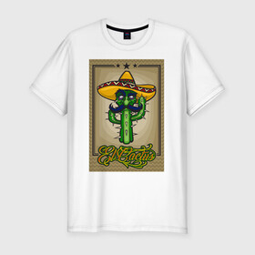 Мужская футболка хлопок Slim с принтом El Cactus - Кактус Мексиканец в Курске, 92% хлопок, 8% лайкра | приталенный силуэт, круглый вырез ворота, длина до линии бедра, короткий рукав | Тематика изображения на принте: cactus | green | humour | mexico | mustache | sand | vegan | vegetable | vegetarian | арт | жара | кактус | комикс | лето | мексика | персонаж | пустыня | сомбреро | усы