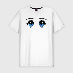 Мужская футболка хлопок Slim с принтом Глазки аниме в Курске, 92% хлопок, 8% лайкра | приталенный силуэт, круглый вырез ворота, длина до линии бедра, короткий рукав | Тематика изображения на принте: anime | baby | blue | cartoon | cute | emoji | emotion | eyes | face | kawaii | аниме | большие глаза | брови | взгляд | глаза | глазки | голубые глаза | детям | зрачок | каваи | кавайный | лицо | малыш | милый взгляд | мультяшный | очи