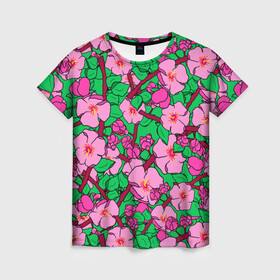Женская футболка 3D с принтом Цветы Сакуры, Sakura в Курске, 100% полиэфир ( синтетическое хлопкоподобное полотно) | прямой крой, круглый вырез горловины, длина до линии бедер | cherry | flowers | japan | pink | sakura | summer | азия | бутоны | вишня | девушкам | деревья | лепестки | лето | листья | нарисованные цветы | природа | розовые цветы | сад | сакура | сакура вишня | сакура цветок