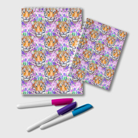 Блокнот с принтом Тигр в цветах в Курске, 100% бумага | 48 листов, плотность листов — 60 г/м2, плотность картонной обложки — 250 г/м2. Листы скреплены удобной пружинной спиралью. Цвет линий — светло-серый
 | Тематика изображения на принте: абстракция | крупная кошка | паттерн | текстуры | тигр | тигры | узоры