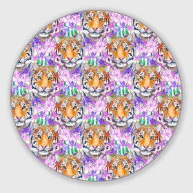 Коврик для мышки круглый с принтом Тигр в цветах в Курске, резина и полиэстер | круглая форма, изображение наносится на всю лицевую часть | абстракция | крупная кошка | паттерн | текстуры | тигр | тигры | узоры