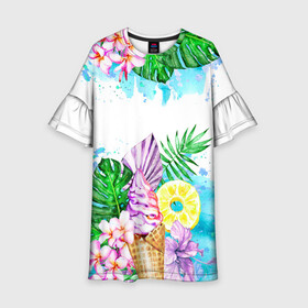 Детское платье 3D с принтом Тропический рай с мороженым в Курске, 100% полиэстер | прямой силуэт, чуть расширенный к низу. Круглая горловина, на рукавах — воланы | Тематика изображения на принте: акварель | ананас | жаркие страны | летный отдых | лето | листья | море | мороженое | отдых | растения | сладости | тропики | тропический рай | цветы | экзотика