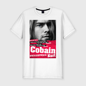 Мужская футболка хлопок Slim с принтом In memory of Kurt Cobain в Курске, 92% хлопок, 8% лайкра | приталенный силуэт, круглый вырез ворота, длина до линии бедра, короткий рукав | cobain | grunge | kurt | kurt cobain | nirvana | грандж | кобейн | курт | курт кобейн | нирвана | рок