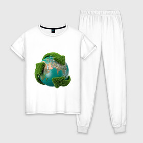 Женская пижама хлопок с принтом Чистая планета в Курске, 100% хлопок | брюки и футболка прямого кроя, без карманов, на брюках мягкая резинка на поясе и по низу штанин | зеленая планета | переработка | планета | сортировка | сортировка мусора | стрелочки | чистая планета | экология