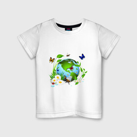 Детская футболка хлопок с принтом Чистая планета в Курске, 100% хлопок | круглый вырез горловины, полуприлегающий силуэт, длина до линии бедер | бабочка | бабочки | зеленая планета | зелень | земля | листья | оса | планета | пчела | растения | ромашки | цветы | чистая планета | экология