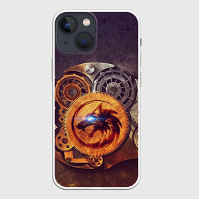Чехол для iPhone 13 mini с принтом МЕХАНИЧЕСКИЙ ВОЛК в Курске,  |  | апарат | волк | глаза | механизм | механика | неон | символ | устройство | шестерня