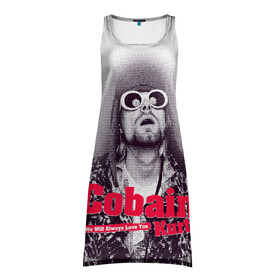 Платье-майка 3D с принтом Kurt Cobain all over в Курске, 100% полиэстер | полуприлегающий силуэт, широкие бретели, круглый вырез горловины, удлиненный подол сзади. | 2021 | kobain | kurt cobain | nirvana | брендовые | в подарок | кобейн | курт | курт кобейн | любимой | любимому | любовь | модная | нирвана | оверсайз | с надписями | с прикольным фразами | с прикольными надписями