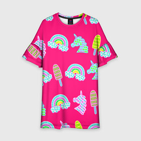 Детское платье 3D с принтом pop it радуга и единорог в Курске, 100% полиэстер | прямой силуэт, чуть расширенный к низу. Круглая горловина, на рукавах — воланы | pop it | антистресс | детский | единорог | игрушка | лопать | мороженое | поп ит | пупырка | радуга | радужный | разноцветный | розовый | фуксия | шарики