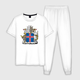 Мужская пижама хлопок с принтом Герб Исландии в Курске, 100% хлопок | брюки и футболка прямого кроя, без карманов, на брюках мягкая резинка на поясе и по низу штанин
 | бык | герб | грифон | дракон | исландии | исландия | коровы | красный | линии | орел | пастух | синий | флаг