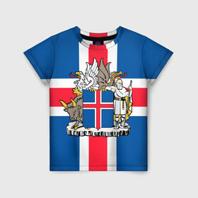 Детская футболка 3D с принтом Флаг и Герб Исландии в Курске, 100% гипоаллергенный полиэфир | прямой крой, круглый вырез горловины, длина до линии бедер, чуть спущенное плечо, ткань немного тянется | бык | герб | грифон | дракон | исландии | исландия | коровы | красный | линии | орел | пастух | синий | флаг