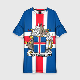 Детское платье 3D с принтом Флаг и Герб Исландии в Курске, 100% полиэстер | прямой силуэт, чуть расширенный к низу. Круглая горловина, на рукавах — воланы | бык | герб | грифон | дракон | исландии | исландия | коровы | красный | линии | орел | пастух | синий | флаг