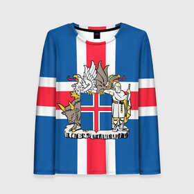 Женский лонгслив 3D с принтом Флаг и Герб Исландии в Курске, 100% полиэстер | длинные рукава, круглый вырез горловины, полуприлегающий силуэт | бык | герб | грифон | дракон | исландии | исландия | коровы | красный | линии | орел | пастух | синий | флаг