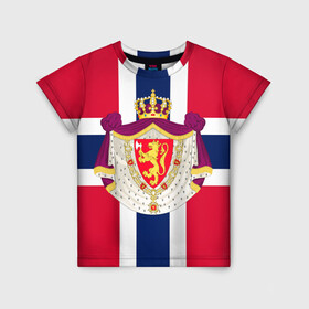 Детская футболка 3D с принтом Норвегия | Флаг и герб Норвегии в Курске, 100% гипоаллергенный полиэфир | прямой крой, круглый вырез горловины, длина до линии бедер, чуть спущенное плечо, ткань немного тянется | герб | герб норвегии | корона | красный | лев | линии | норвегии | норвегия | синий | топор | флаг | флаг норвегии | щит