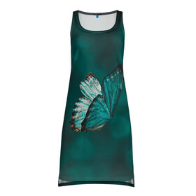 Платье-майка 3D с принтом Синяя бабочка в Курске, 100% полиэстер | полуприлегающий силуэт, широкие бретели, круглый вырез горловины, удлиненный подол сзади. | butterfly | бабочка | летит | магия | порхает | синяя