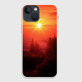 Чехол для iPhone 13 mini с принтом УТРЕННИЙ РАССВЕТ НАД ОБЛАКАМИ в Курске,  |  | деревья | лес | лето | лучи | облака | рассвет | солнце | утро
