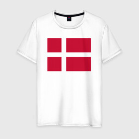 Мужская футболка хлопок с принтом Дания | Флаг Дании в Курске, 100% хлопок | прямой крой, круглый вырез горловины, длина до линии бедер, слегка спущенное плечо. | белый | герб | дании | дания | красный | линии | флаг