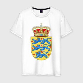 Мужская футболка хлопок с принтом Дания | Герб Дании в Курске, 100% хлопок | прямой крой, круглый вырез горловины, длина до линии бедер, слегка спущенное плечо. | герб | дании | дания | корона | лев | львы | сердца | сердце | флаг | щит