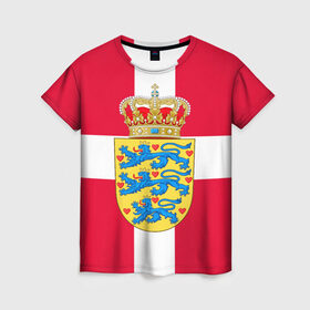 Женская футболка 3D с принтом Дания | Герб и флаг Дании в Курске, 100% полиэфир ( синтетическое хлопкоподобное полотно) | прямой крой, круглый вырез горловины, длина до линии бедер | герб | дании | дания | корона | лев | львы | сердца | сердце | флаг | щит