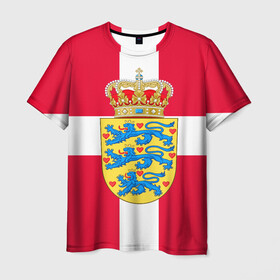 Мужская футболка 3D с принтом Дания | Герб и флаг Дании в Курске, 100% полиэфир | прямой крой, круглый вырез горловины, длина до линии бедер | Тематика изображения на принте: герб | дании | дания | корона | лев | львы | сердца | сердце | флаг | щит
