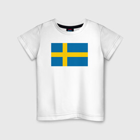 Детская футболка хлопок с принтом Швеция | Флаг Швеции в Курске, 100% хлопок | круглый вырез горловины, полуприлегающий силуэт, длина до линии бедер | герб | желтый | знак | линии | прямоугольник | символика | синий | флаг | швеции | швеция