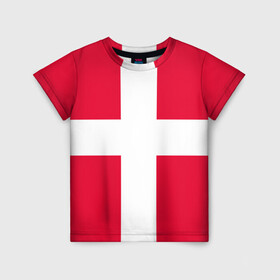 Детская футболка 3D с принтом Дания | Флаг Дании в Курске, 100% гипоаллергенный полиэфир | прямой крой, круглый вырез горловины, длина до линии бедер, чуть спущенное плечо, ткань немного тянется | белый | герб | государство | дании | дания | знак | красный | крест | линии | символика | страна | флаг