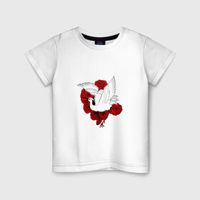 Детская футболка хлопок с принтом Аист на фоне красных роз в Курске, 100% хлопок | круглый вырез горловины, полуприлегающий силуэт, длина до линии бедер | Тематика изображения на принте: аист | белый | красные | крылья | птица | птицы | розы | цветы