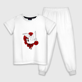 Детская пижама хлопок с принтом Аист на фоне красных роз в Курске, 100% хлопок |  брюки и футболка прямого кроя, без карманов, на брюках мягкая резинка на поясе и по низу штанин
 | аист | белый | красные | крылья | птица | птицы | розы | цветы