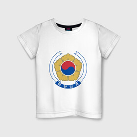 Детская футболка хлопок с принтом Корея | Корейский герб в Курске, 100% хлопок | круглый вырез горловины, полуприлегающий силуэт, длина до линии бедер | буква | герб | знак | иероглифы | корейский | корейский герб | корейский флаг | корея | символ | символы | флаг | флаг кореи | эмблема | эмблемма