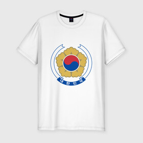 Мужская футболка хлопок Slim с принтом Корея | Корейский герб в Курске, 92% хлопок, 8% лайкра | приталенный силуэт, круглый вырез ворота, длина до линии бедра, короткий рукав | буква | герб | знак | иероглифы | корейский | корейский герб | корейский флаг | корея | символ | символы | флаг | флаг кореи | эмблема | эмблемма