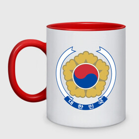 Кружка двухцветная с принтом Корея | Корейский герб в Курске, керамика | объем — 330 мл, диаметр — 80 мм. Цветная ручка и кайма сверху, в некоторых цветах — вся внутренняя часть | буква | герб | знак | иероглифы | корейский | корейский герб | корейский флаг | корея | символ | символы | флаг | флаг кореи | эмблема | эмблемма