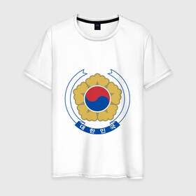 Мужская футболка хлопок с принтом Корея | Корейский герб в Курске, 100% хлопок | прямой крой, круглый вырез горловины, длина до линии бедер, слегка спущенное плечо. | буква | герб | знак | иероглифы | корейский | корейский герб | корейский флаг | корея | символ | символы | флаг | флаг кореи | эмблема | эмблемма