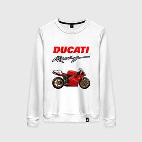 Женский свитшот хлопок с принтом DUCATI / ДУКАТИ / MOTOSPORT в Курске, 100% хлопок | прямой крой, круглый вырез, на манжетах и по низу широкая трикотажная резинка  | ducati | motorcycle | motosport | racing | speed | sport | байк. | гонки | двигатель | дукати | мото | мотокросс | мотоспорт | мототриал | мотоцикл | скорость | спорт