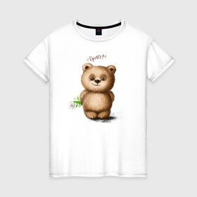 Женская футболка хлопок с принтом Медведь в Курске, 100% хлопок | прямой крой, круглый вырез горловины, длина до линии бедер, слегка спущенное плечо | зверь | игрушка цветок | медведик | медведь | медвежонок | милый | мишка | привет | ромашка