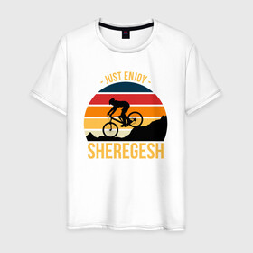 Мужская футболка хлопок с принтом Just enjoy. Sheregesh в Курске, 100% хлопок | прямой крой, круглый вырез горловины, длина до линии бедер, слегка спущенное плечо. | gesh | sheregesh | велоспорт | вершина | геш | горы | горы шерегеша | отдых | шерегеш