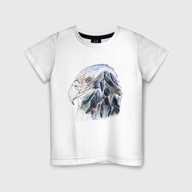 Детская футболка хлопок с принтом Орел и горы в Курске, 100% хлопок | круглый вырез горловины, полуприлегающий силуэт, длина до линии бедер | голова | горы | графика | небо | орел | перья | пики | полет | птица | путешествие | снег | хребет