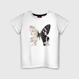 Детская футболка хлопок с принтом Бабочка и цветы в Курске, 100% хлопок | круглый вырез горловины, полуприлегающий силуэт, длина до линии бедер | акварель | бабочка | бутоны | графика | крылья | лето | насекомое | природа | растение | розы | фауна | цветы | шипы