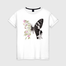 Женская футболка хлопок с принтом Бабочка и цветы в Курске, 100% хлопок | прямой крой, круглый вырез горловины, длина до линии бедер, слегка спущенное плечо | акварель | бабочка | бутоны | графика | крылья | лето | насекомое | природа | растение | розы | фауна | цветы | шипы