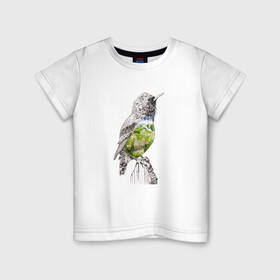 Детская футболка хлопок с принтом Птица и сад в Курске, 100% хлопок | круглый вырез горловины, полуприлегающий силуэт, длина до линии бедер | акварель | графика | дорога | калитка | крыло | куст | небо | перья | поля | птица | сад | цветы