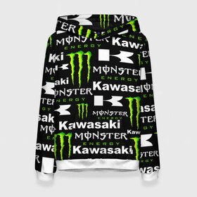 Женская толстовка 3D с принтом KAWASAKI X MONSTER ENERGY в Курске, 100% полиэстер  | двухслойный капюшон со шнурком для регулировки, мягкие манжеты на рукавах и по низу толстовки, спереди карман-кенгуру с мягким внутренним слоем. | kawasaki | monster energy | motorcycle | motosport | racing | speed | sport | байк | гонки | двигатель | кавасаки | монстер энерджи. | мото | мотокросс | мотоспорт | мототриал | мотоцикл | скорость | спорт