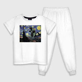 Детская пижама хлопок с принтом Годзилла Ван Гога в Курске, 100% хлопок |  брюки и футболка прямого кроя, без карманов, на брюках мягкая резинка на поясе и по низу штанин
 | ван гог | годзилла | живопись