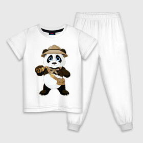 Детская пижама хлопок с принтом Панда путешественница  в Курске, 100% хлопок |  брюки и футболка прямого кроя, без карманов, на брюках мягкая резинка на поясе и по низу штанин
 | Тематика изображения на принте: бинокль | животное | маленькая панда | медвежонок | панда | панда путешественница | путешественник | черно белый медведь | экспедитор