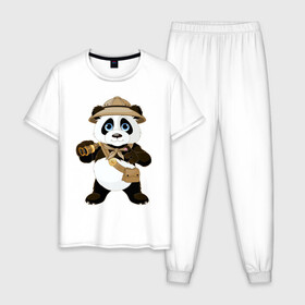 Мужская пижама хлопок с принтом Панда путешественница  в Курске, 100% хлопок | брюки и футболка прямого кроя, без карманов, на брюках мягкая резинка на поясе и по низу штанин
 | Тематика изображения на принте: бинокль | животное | маленькая панда | медвежонок | панда | панда путешественница | путешественник | черно белый медведь | экспедитор