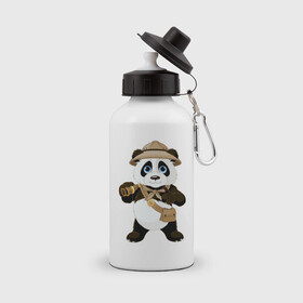 Бутылка спортивная с принтом Панда путешественница  в Курске, металл | емкость — 500 мл, в комплекте две пластиковые крышки и карабин для крепления | Тематика изображения на принте: бинокль | животное | маленькая панда | медвежонок | панда | панда путешественница | путешественник | черно белый медведь | экспедитор