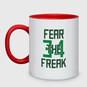 Кружка двухцветная с принтом Fear The Freak 34 в Курске, керамика | объем — 330 мл, диаметр — 80 мм. Цветная ручка и кайма сверху, в некоторых цветах — вся внутренняя часть | Тематика изображения на принте: antetokounmpo | basketball | bucks | giannis | milwaukee | mvp | nba | sport | streetball | адетокумбо | бакс | баскетбол | игра | милуоки | мяч | нба | олень | спорт | стритбол | тренер | чемпион | янис