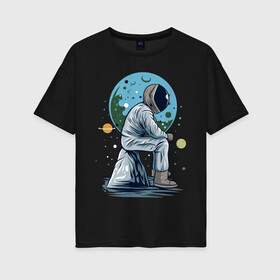 Женская футболка хлопок Oversize с принтом Космонавт сидит на камне в Курске, 100% хлопок | свободный крой, круглый ворот, спущенный рукав, длина до линии бедер
 | astronaut | cosmos | galaxy | mars | moon | planet | planets | science | space | space travel | spaceman | stars | universe | астронавт | звезды | космонавт | космос | луна | марс | планета