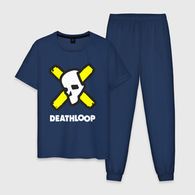 Мужская пижама хлопок с принтом Deathloop - Skull в Курске, 100% хлопок | брюки и футболка прямого кроя, без карманов, на брюках мягкая резинка на поясе и по низу штанин
 | Тематика изображения на принте: death | deathloop | game | games | loop | skull | дэслуп | дэт | дэтлуп | знак | игра | игры | лого | луп | мертвая | пелтя | символ