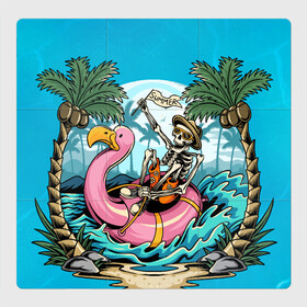 Магнитный плакат 3Х3 с принтом Summer time в Курске, Полимерный материал с магнитным слоем | 9 деталей размером 9*9 см | арт | время года | графика | лето | море | пальмы | пляж | скелет | фламинго