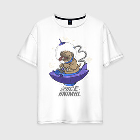 Женская футболка хлопок Oversize с принтом Space Animal в Курске, 100% хлопок | свободный крой, круглый ворот, спущенный рукав, длина до линии бедер
 | животные | иллюстрация | космонавт | космос | пёс | тарелка